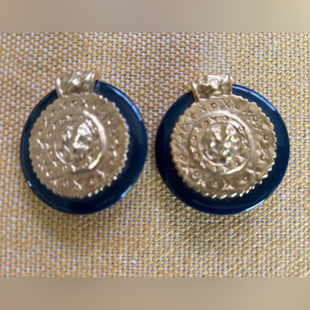 Vintage Cache Navy & Gold Clip On Button Earrings